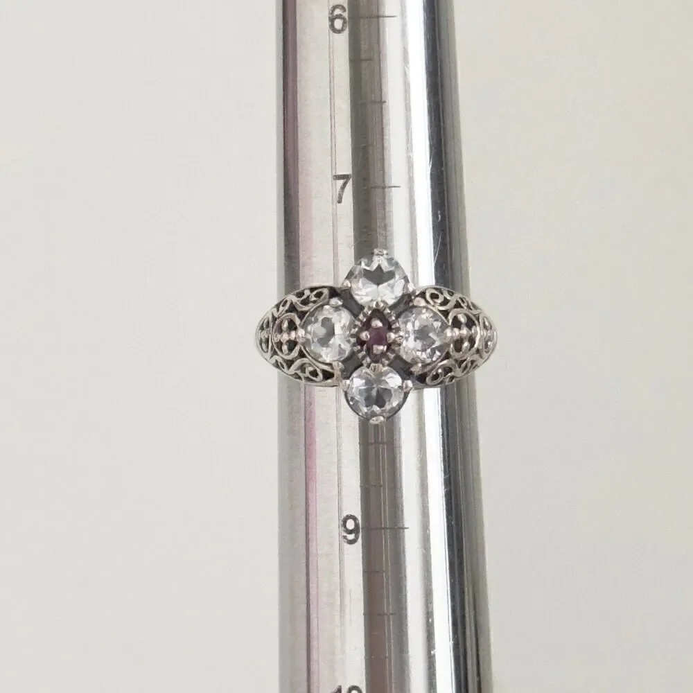 CNA Designer 925 Sterling Silver White Topaz & Ruby Filigree Flower Ring Size 8